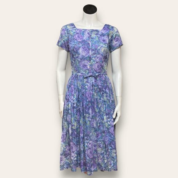 Vintage Lavender Floral Midi Dress | Square Neck Pleated Skirt w/ Waist Bow - Picture 1 of 8